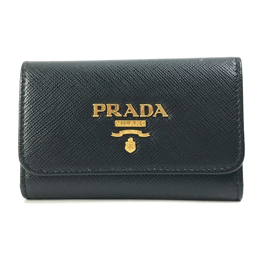 PRADA 1PG004 ロゴ マルチカラー キーリング 4連 キーケース サフィアーノレザ－ レディース ブラック×ピンク