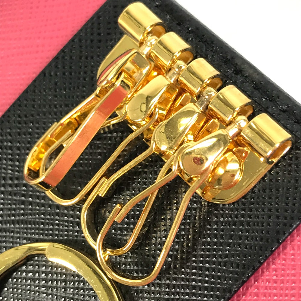 PRADA 1PG004 Logo Multicolor Key Ring 4-Ring Key Case in Saffiano Leather, Women's, Black and Pink