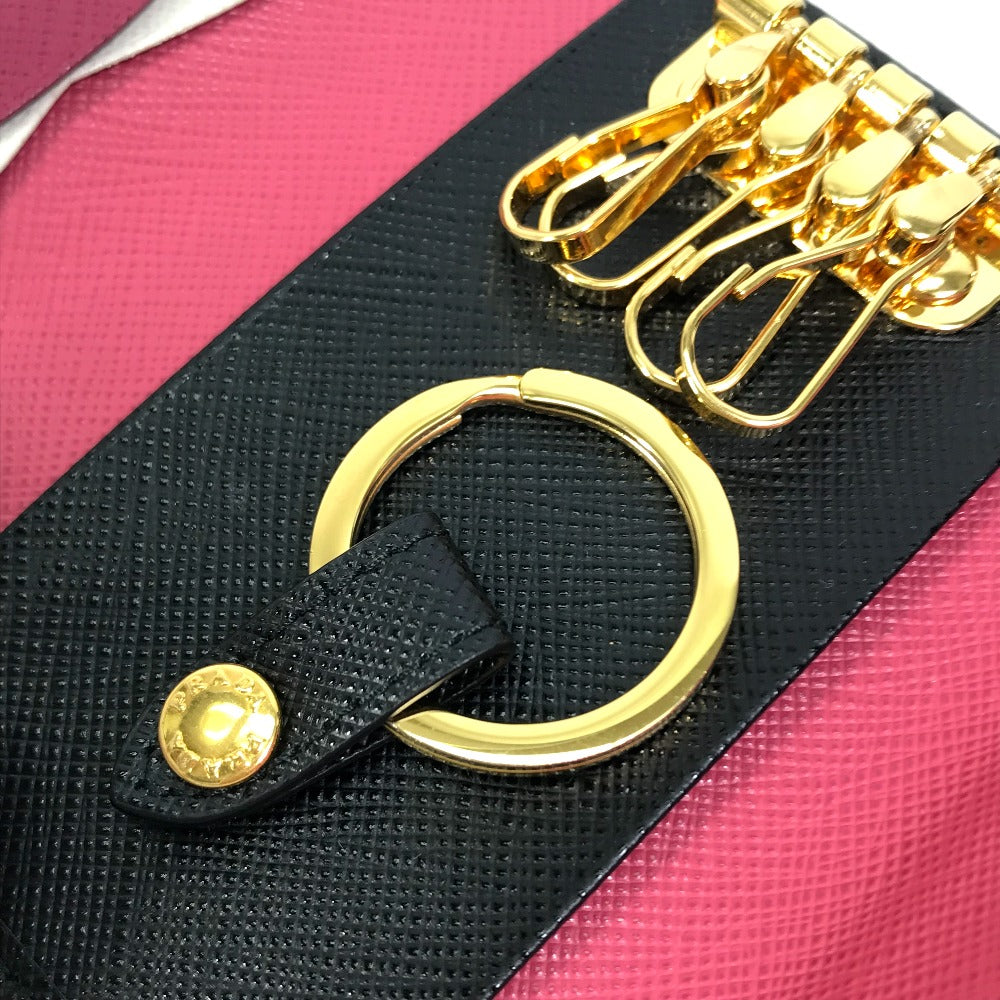 PRADA 1PG004 Logo Multicolor Key Ring 4-Ring Key Case in Saffiano Leather, Women's, Black and Pink