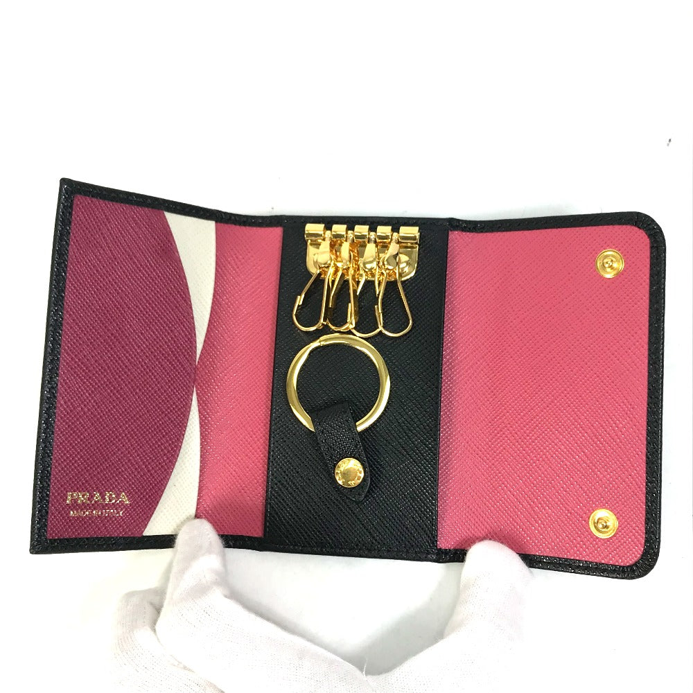 PRADA 1PG004 Logo Multicolor Key Ring 4-Ring Key Case in Saffiano Leather, Women's, Black and Pink