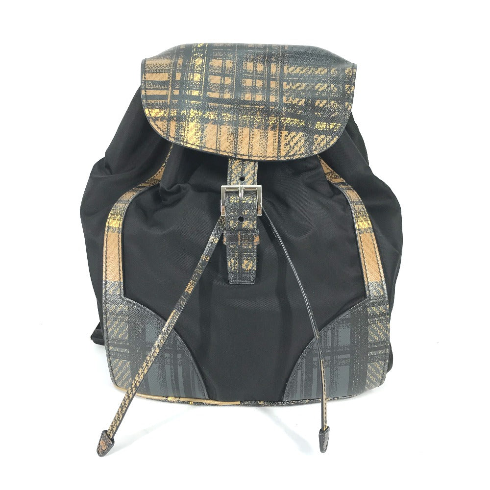 PRADA 1BZ038 Triangle Logo Plaid Check Backpack, Drawstring, Nylon/Leather, Men's, Black