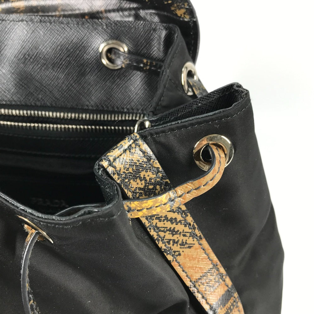 PRADA 1BZ038 Triangle Logo Plaid Check Backpack, Drawstring, Nylon/Leather, Men's, Black