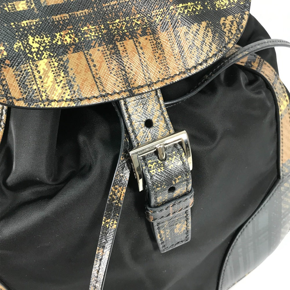 PRADA 1BZ038 Triangle Logo Plaid Check Backpack, Drawstring, Nylon/Leather, Men's, Black