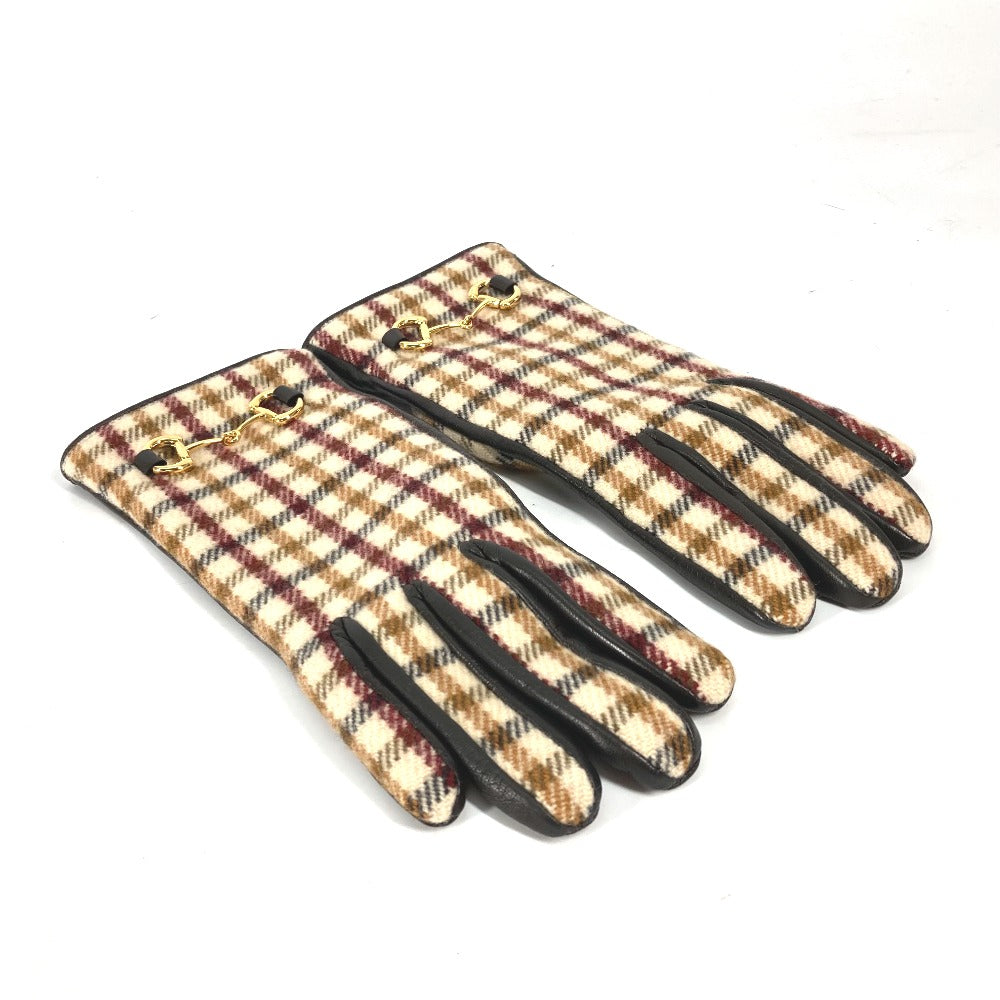 GUCCI 603635 Check Horsebit Gloves, Wool/Cashmere, Women's, Brown