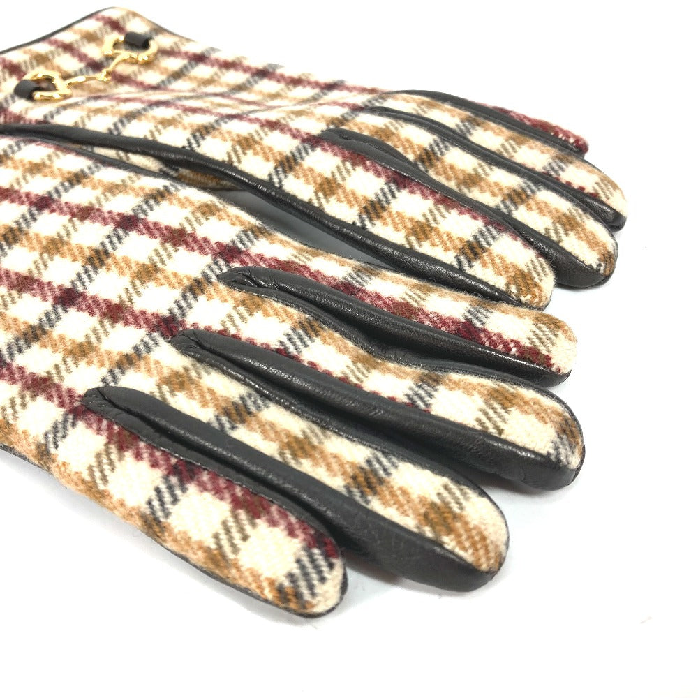 GUCCI 603635 Check Horsebit Gloves, Wool/Cashmere, Women's, Brown