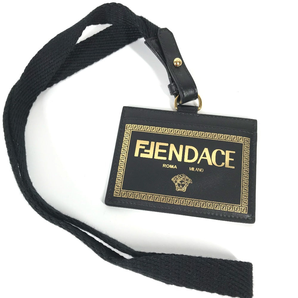 VERSACE フェンディ FENDI コラボ FENDACE フェンダーチェ ネックストラップ付 IDホルダー メデューサ カードケース レザー ユニセックス ブラック