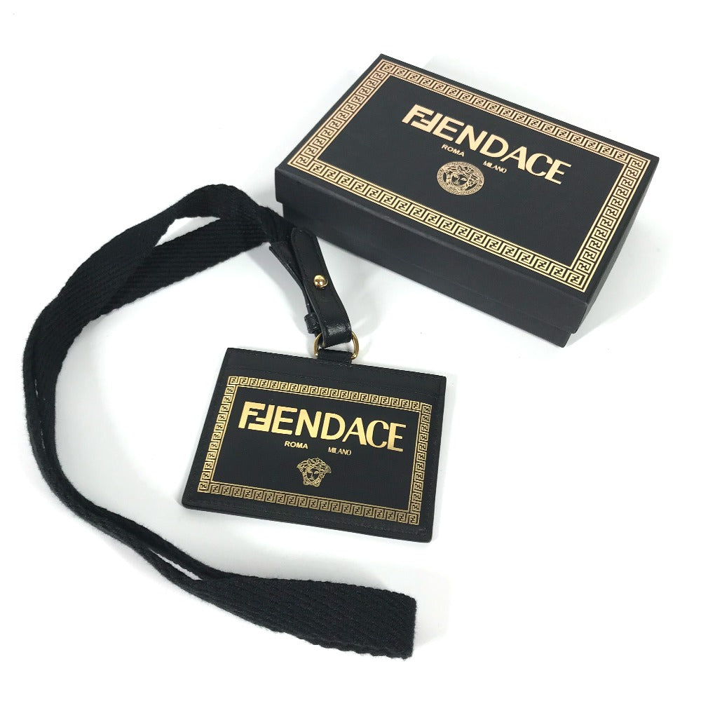 VERSACE フェンディ FENDI コラボ FENDACE フェンダーチェ ネックストラップ付 IDホルダー メデューサ カードケース レザー ユニセックス ブラック