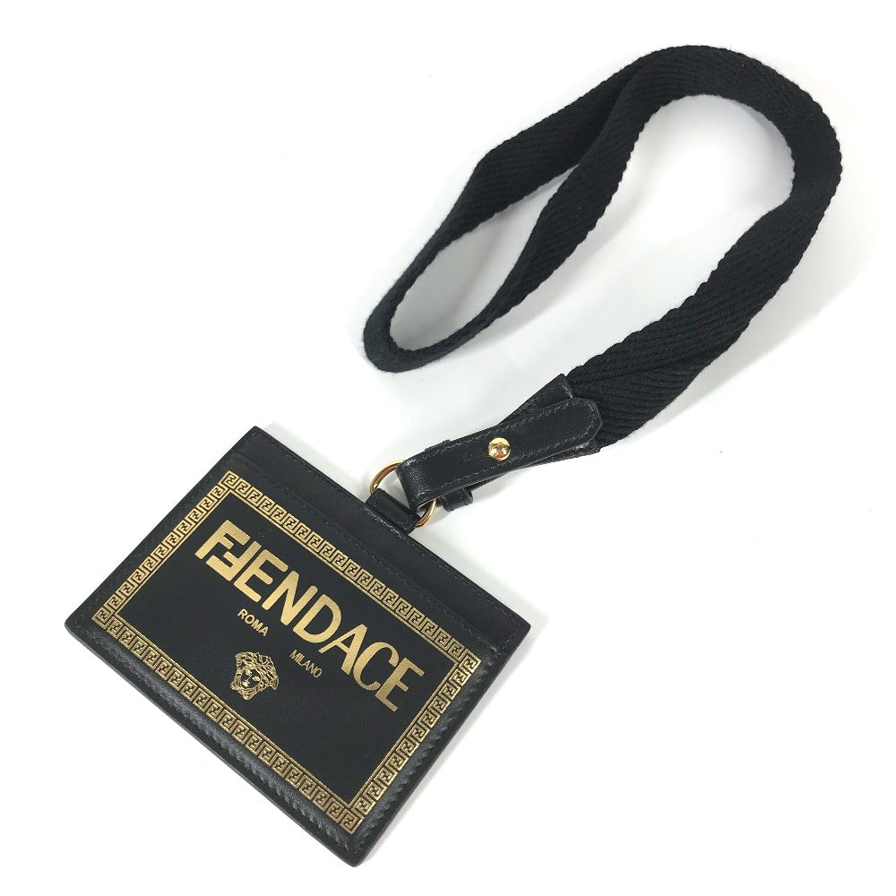 VERSACE フェンディ FENDI コラボ FENDACE フェンダーチェ ネックストラップ付 IDホルダー メデューサ カードケース レザー ユニセックス ブラック