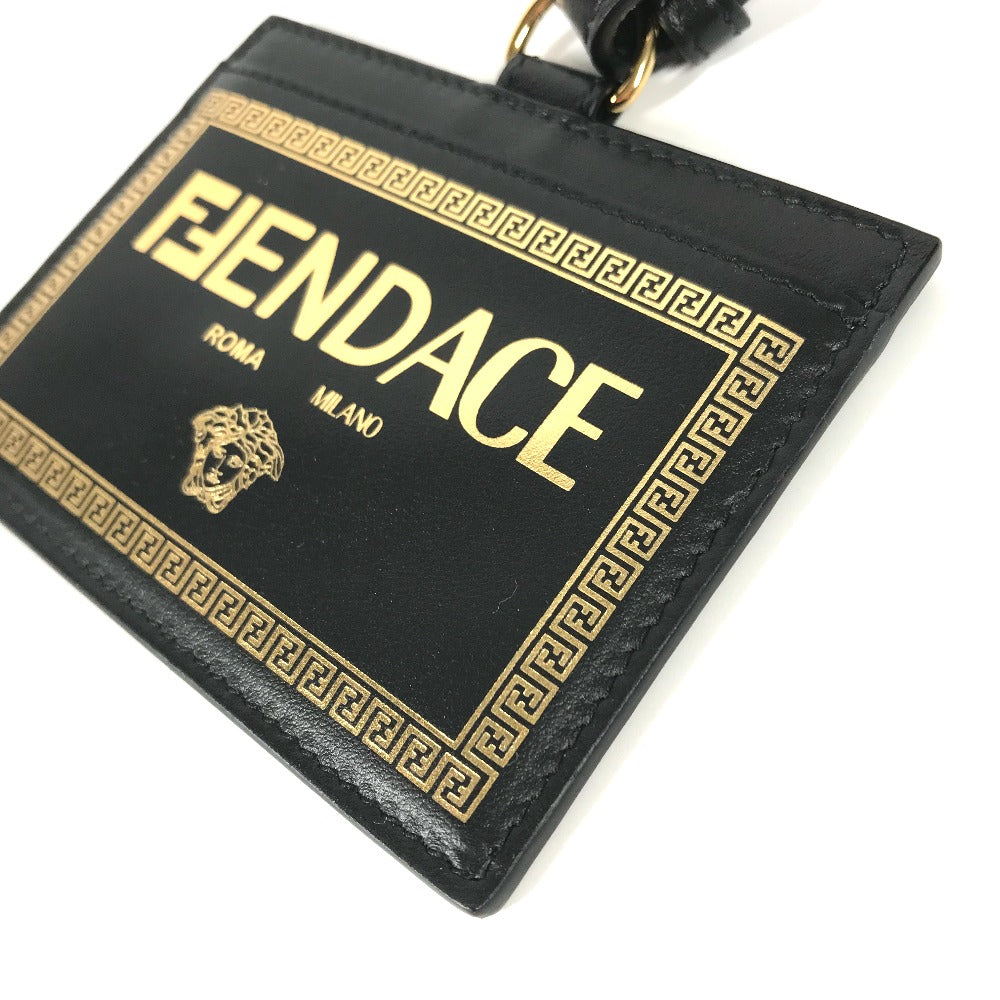 VERSACE フェンディ FENDI コラボ FENDACE フェンダーチェ ネックストラップ付 IDホルダー メデューサ カードケース レザー ユニセックス ブラック
