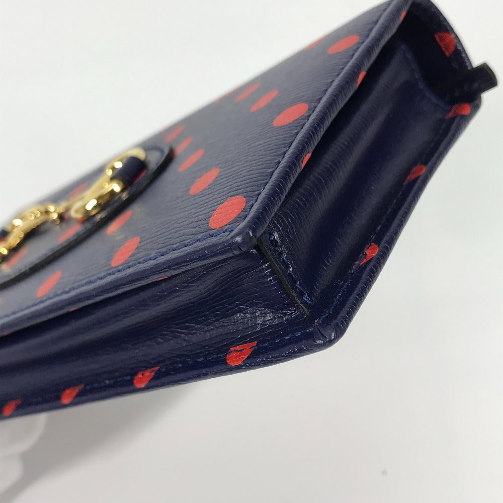 GUCCI 621892 ホースビット 1955 ドット 水玉 チェーンウォレット ショルダーバッグ 斜め掛け 長財布 レザー レディース ネイビー×レッド