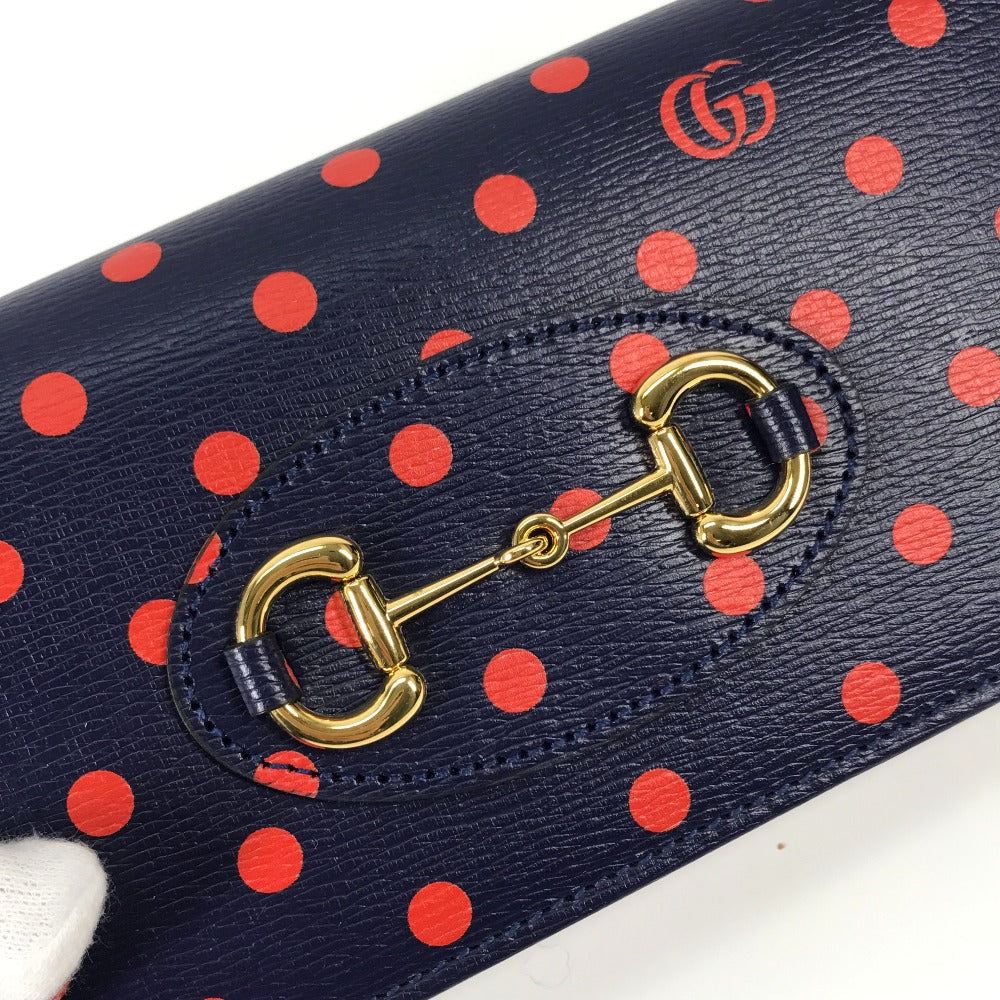 GUCCI 621892 ホースビット 1955 ドット 水玉 チェーンウォレット ショルダーバッグ 斜め掛け 長財布 レザー レディース ネイビー×レッド