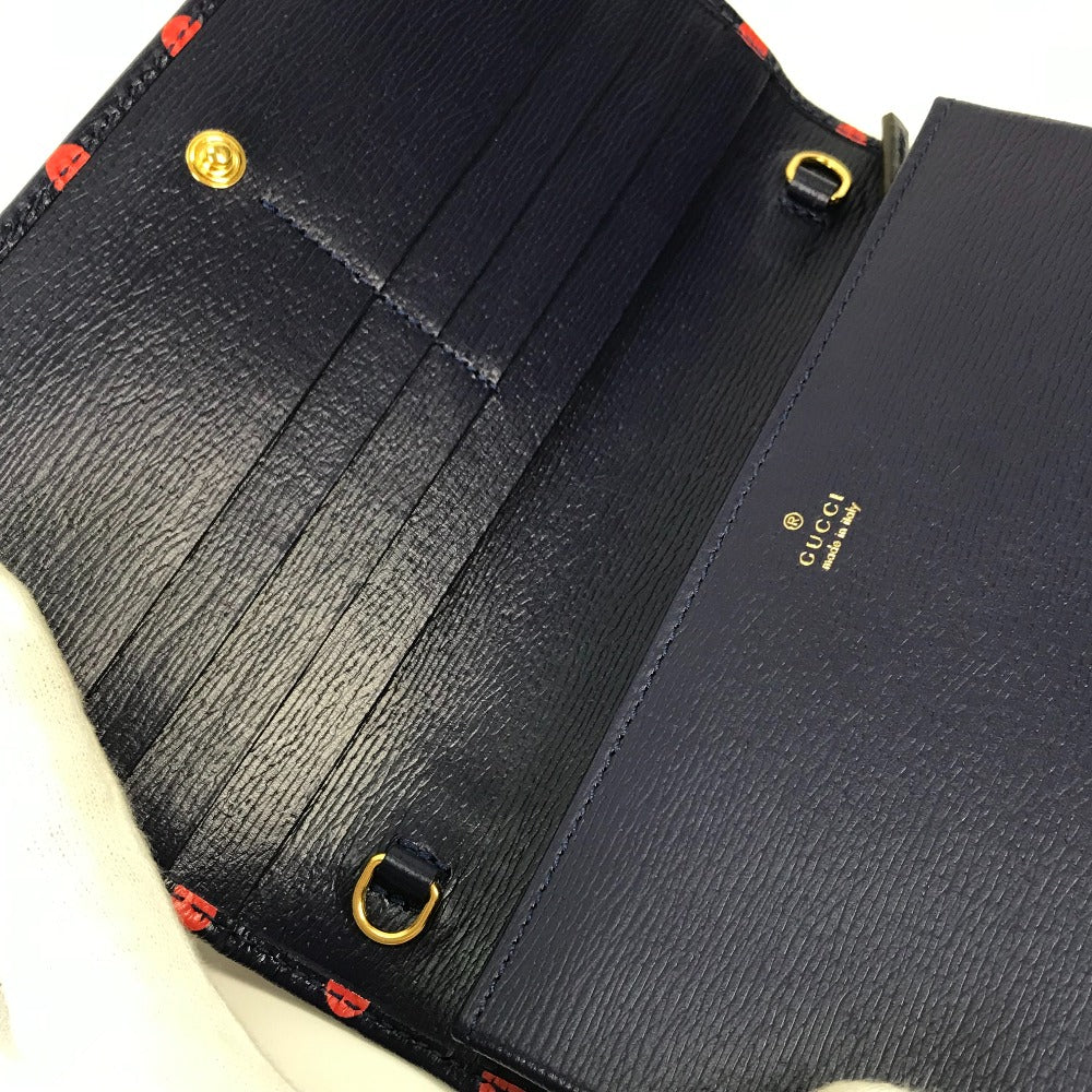 GUCCI 621892 ホースビット 1955 ドット 水玉 チェーンウォレット ショルダーバッグ 斜め掛け 長財布 レザー レディース ネイビー×レッド