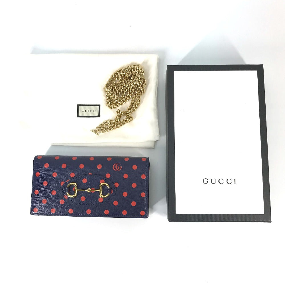 GUCCI 621892 ホースビット 1955 ドット 水玉 チェーンウォレット ショルダーバッグ 斜め掛け 長財布 レザー レディース ネイビー×レッド