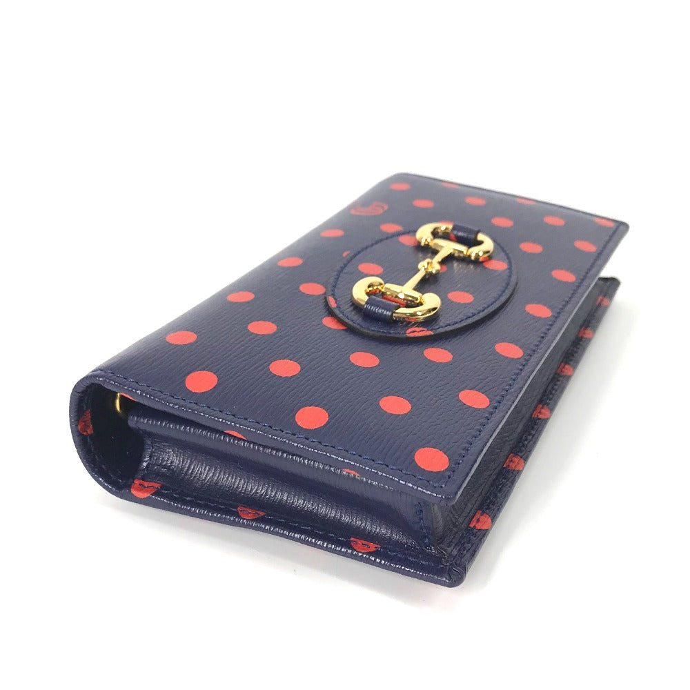 GUCCI 621892 ホースビット 1955 ドット 水玉 チェーンウォレット ショルダーバッグ 斜め掛け 長財布 レザー レディース ネイビー×レッド