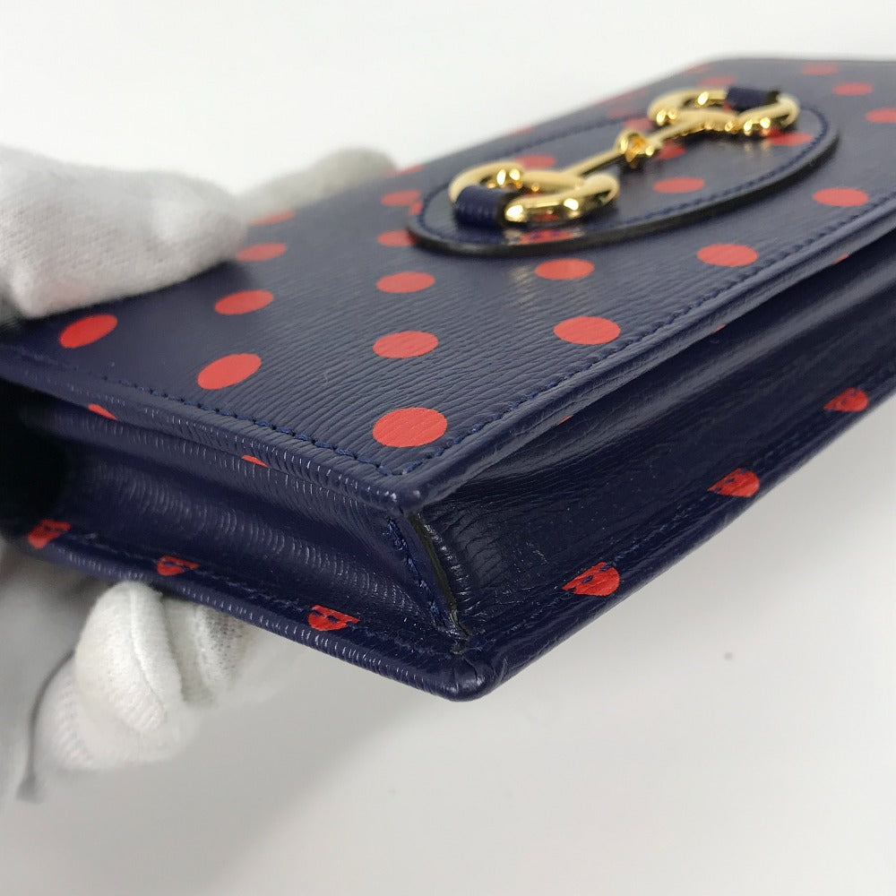 GUCCI 621892 ホースビット 1955 ドット 水玉 チェーンウォレット ショルダーバッグ 斜め掛け 長財布 レザー レディース ネイビー×レッド