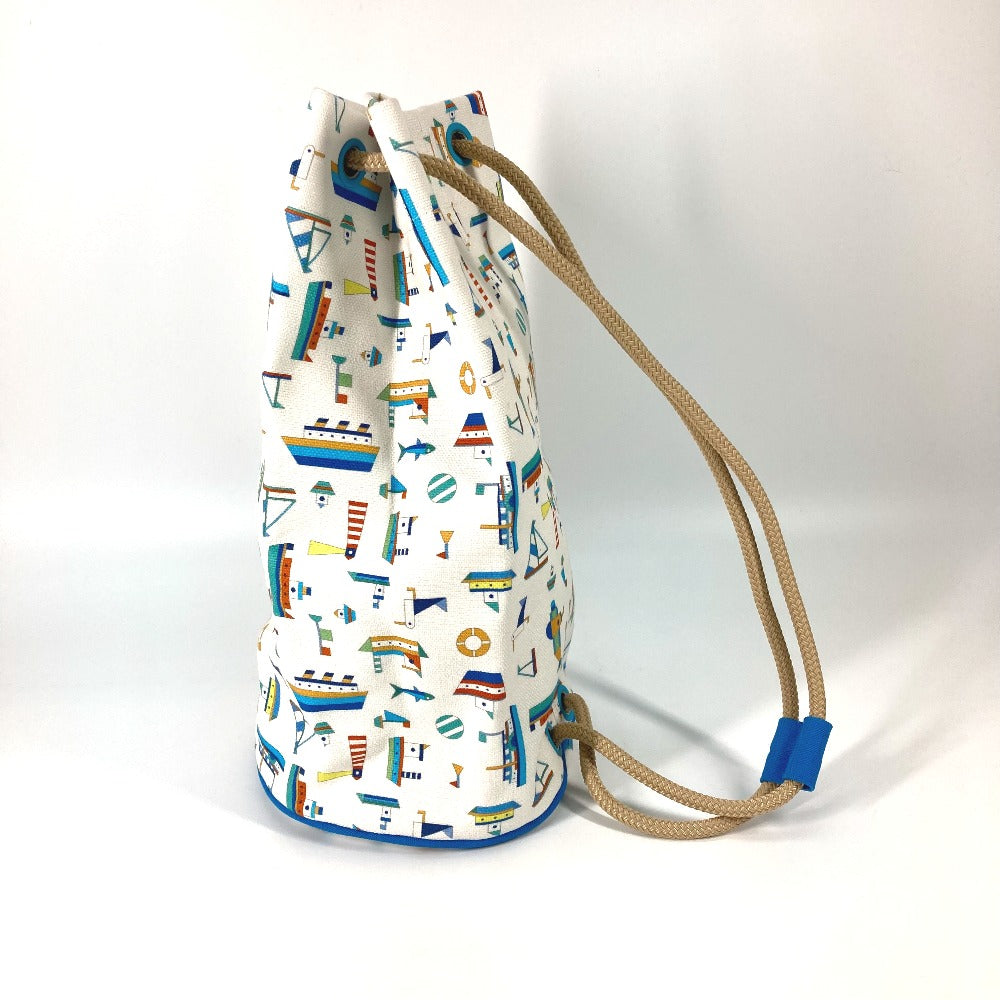 HERMES マリンプリント プティシャルティエ 巾着バッグ 肩掛け ショルダーバッグ コットン キッズ ホワイト×ブルー