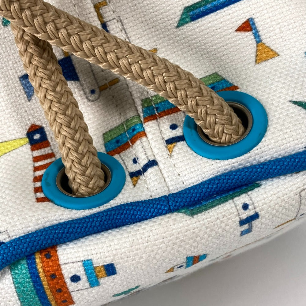 HERMES マリンプリント プティシャルティエ 巾着バッグ 肩掛け ショルダーバッグ コットン キッズ ホワイト×ブルー