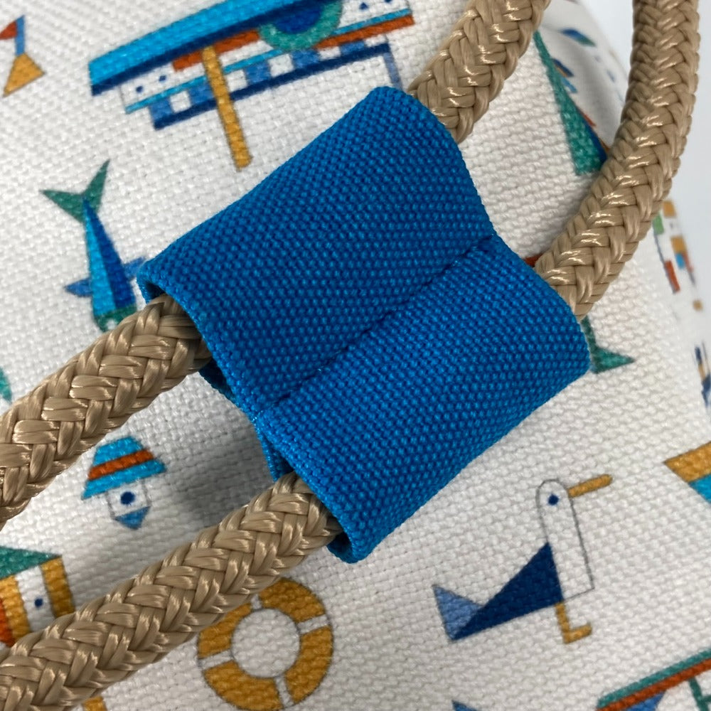 HERMES マリンプリント プティシャルティエ 巾着バッグ 肩掛け ショルダーバッグ コットン キッズ ホワイト×ブルー