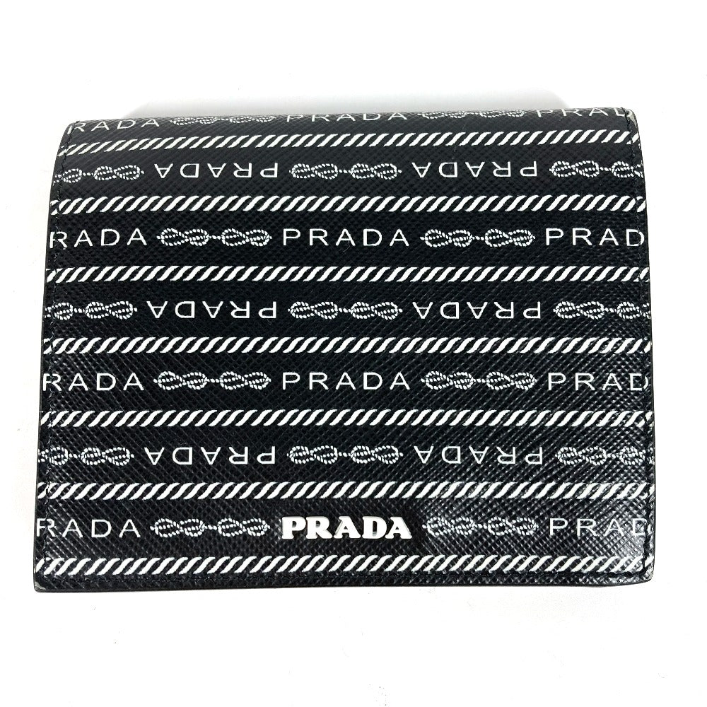 PRADA 1MV204 総柄 ロゴ コンパクトウォレット 2つ折り財布 レザー レディース ブラック