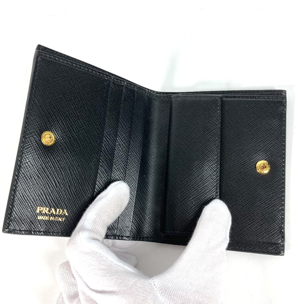 PRADA 1MV204 総柄 ロゴ コンパクトウォレット 2つ折り財布 レザー レディース ブラック