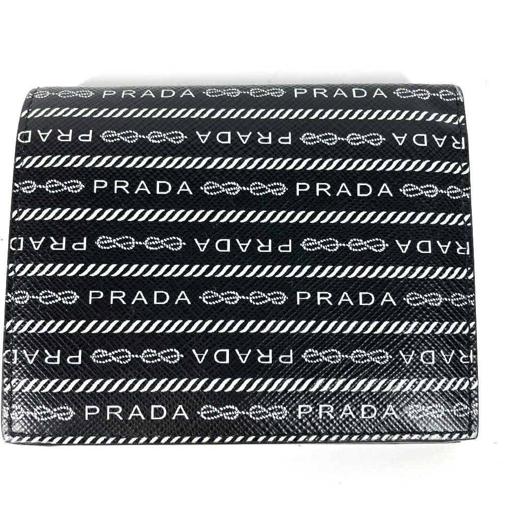 PRADA 1MV204 総柄 ロゴ コンパクトウォレット 2つ折り財布 レザー レディース ブラック