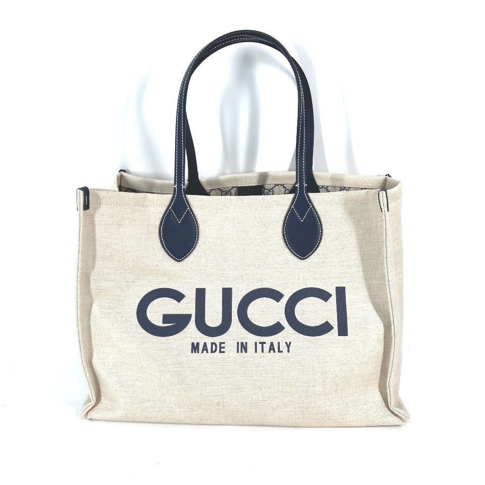 GUCCI 772176 日本限定 JAPAN ロゴ プリント ショルダーバッグ 肩掛け トートバッグ キャンバス/レザー レディース ベージュ系×ブラック