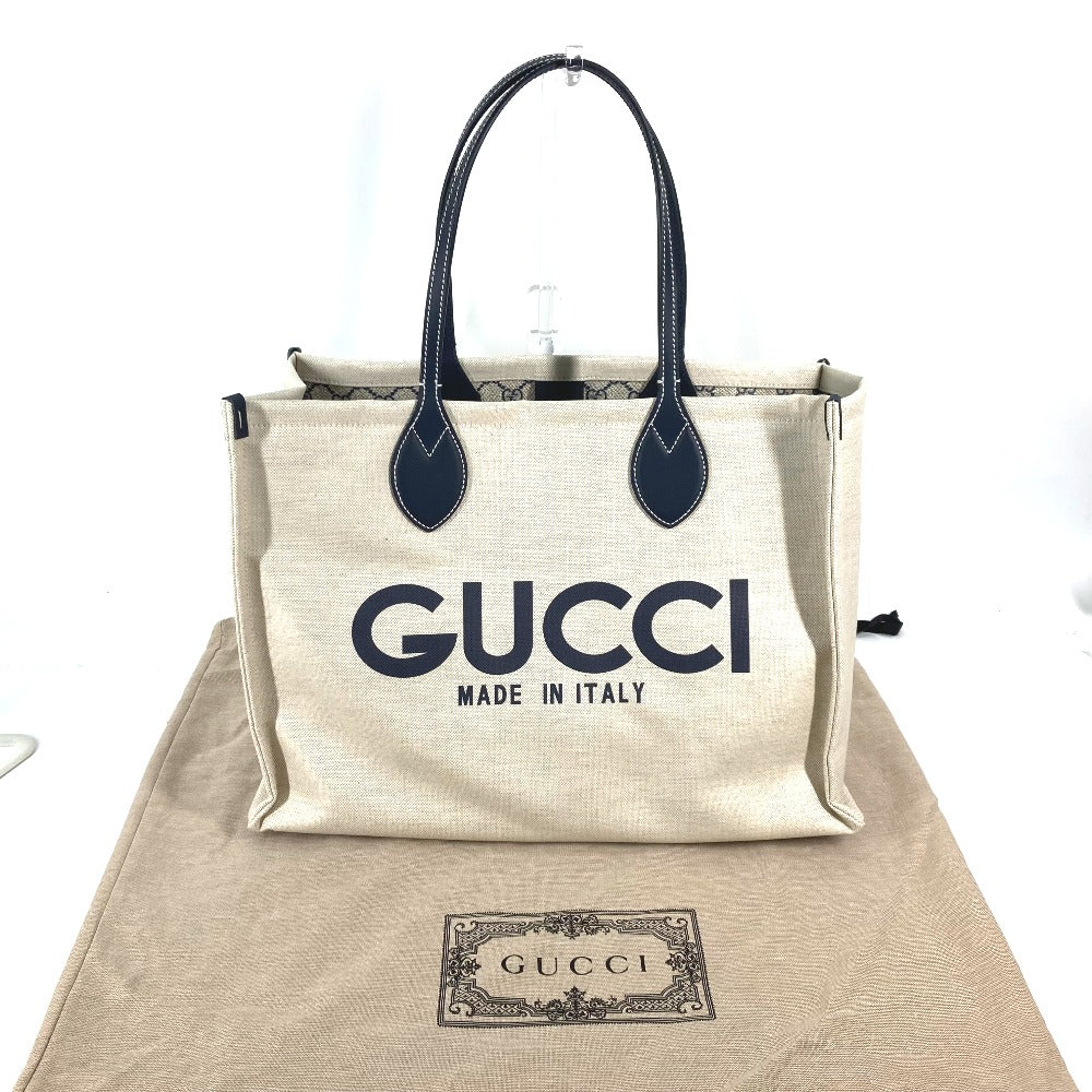 GUCCI 772176 日本限定 JAPAN ロゴ プリント ショルダーバッグ 肩掛け トートバッグ キャンバス/レザー レディース ベージュ系×ブラック