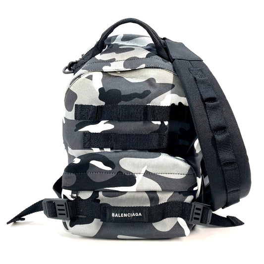 BALENCIAGA 6440312 Camouflage Army Backpack/Shoulder Bag, 2-Way Canvas Rucksack for Men, Gray and Black