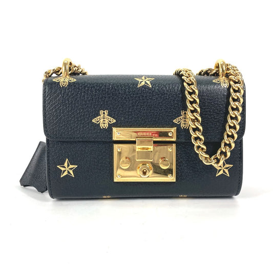 GUCCI 432182 斜め掛け カバン ポシェット PADLOCK ハチ BEE パドロック 蜂 チェーン ショルダーバッグ レザー レディース ブラック