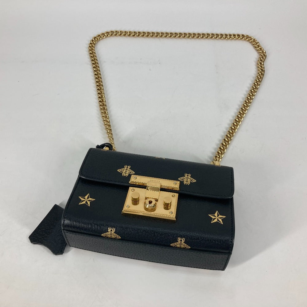 GUCCI 432182 斜め掛け カバン ポシェット PADLOCK ハチ BEE パドロック 蜂 チェーン ショルダーバッグ レザー レディース ブラック