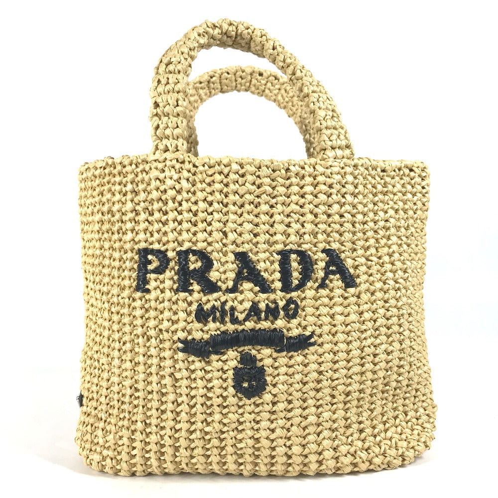 PRADA 1BG422 Basket Bag, Straw Bag, Crochet Triangle Logo, Small Lettering Logo, Tote Bag, Handbag, Raffia, Women's, Natural Beige