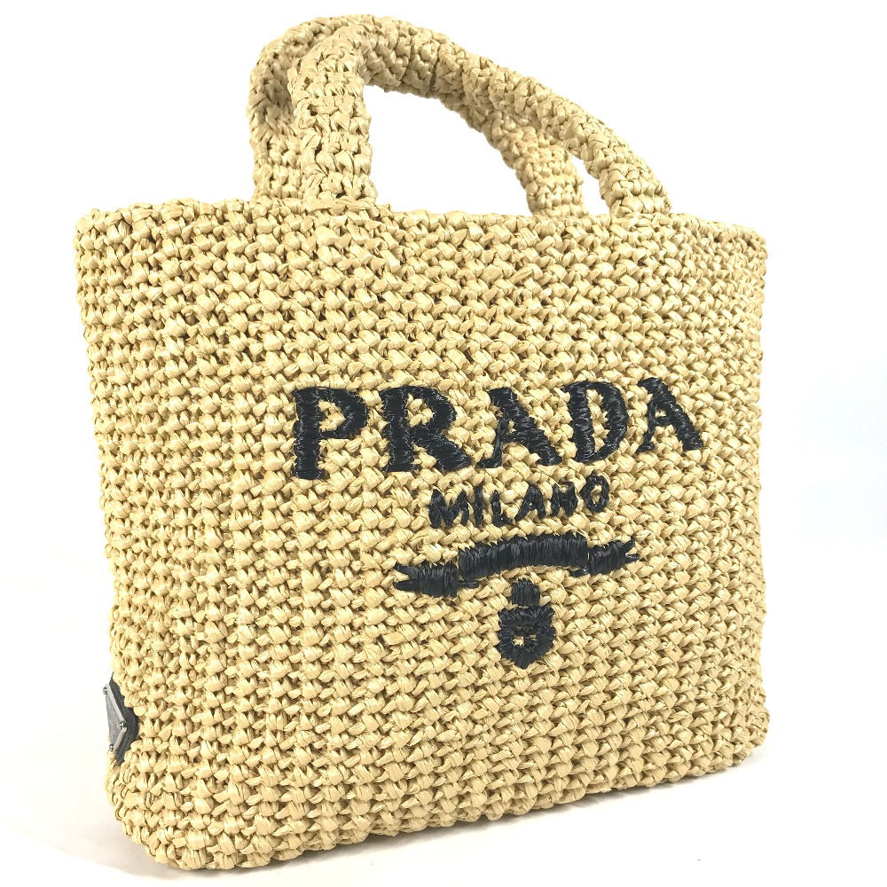 PRADA 1BG422 Basket Bag, Straw Bag, Crochet Triangle Logo, Small Lettering Logo, Tote Bag, Handbag, Raffia, Women's, Natural Beige