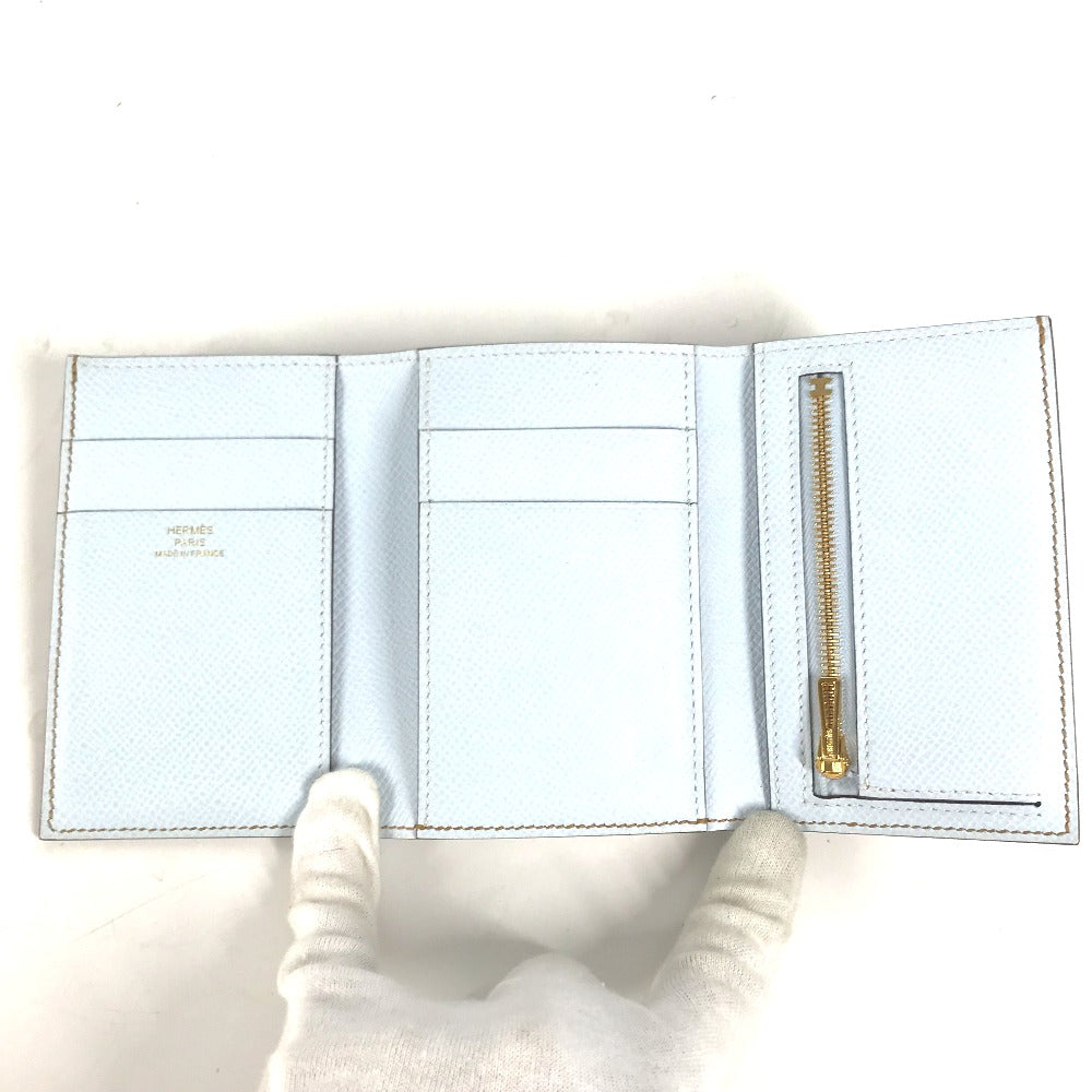 HERMES Hロゴ バイカラー ベアンコンビネ コンパクトウォレット 3つ折り財布 エプソン レディース セサミ ブルーブリュム ブラウン×ライトブルー