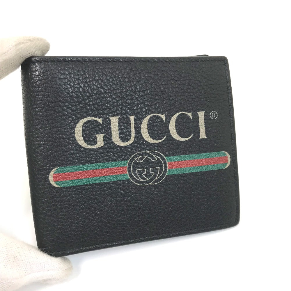 GUCCI 496316 Vintage Logo Print Compact Wallet, Bifold Leather, Men's, Black
