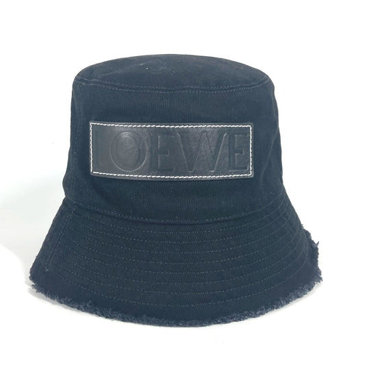 LOEWE K820HB1X20 Bucket Hat with Stitched Brim, Fringe Edge, Logo, Leather Patch, and Leather Tag, Cotton, Women's, Black