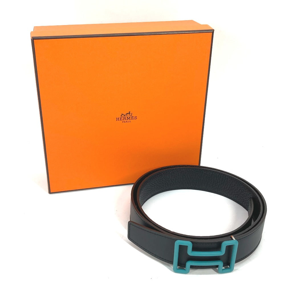 HERMES Hバックル トゥナイト リバーシブル ファッション小物 ズボン用ベルト ベルト ボックスカーフ メンズ ブラック×ブルー