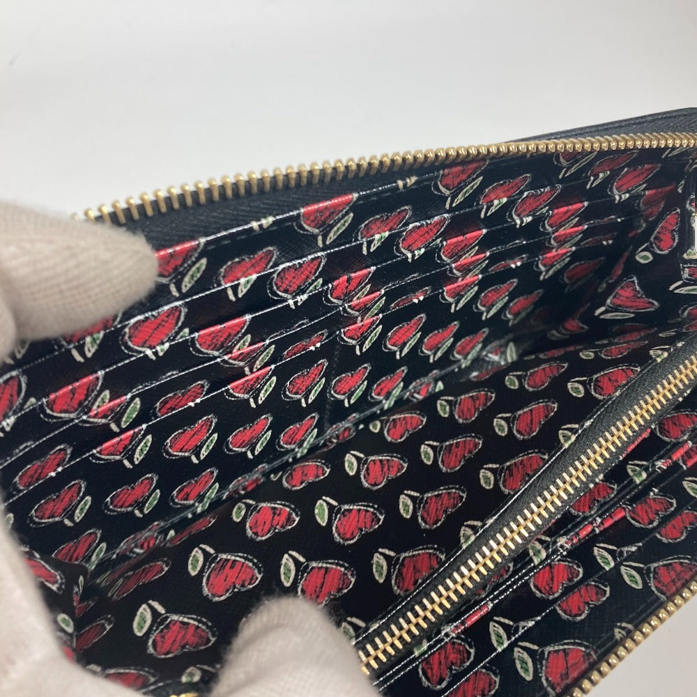 PRADA 1ML506 ロゴ ハート バイカラー ロングウォレット ラウンドファスナー 長財布 サフィアーノレザ－ レディース ブラック
