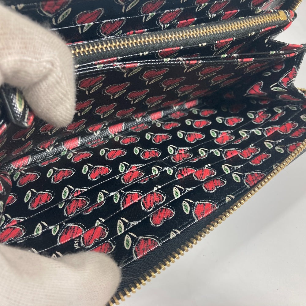 PRADA 1ML506 ロゴ ハート バイカラー ロングウォレット ラウンドファスナー 長財布 サフィアーノレザ－ レディース ブラック