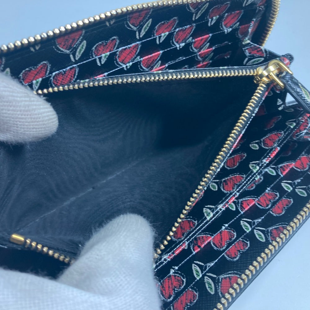 PRADA 1ML506 ロゴ ハート バイカラー ロングウォレット ラウンドファスナー 長財布 サフィアーノレザ－ レディース ブラック