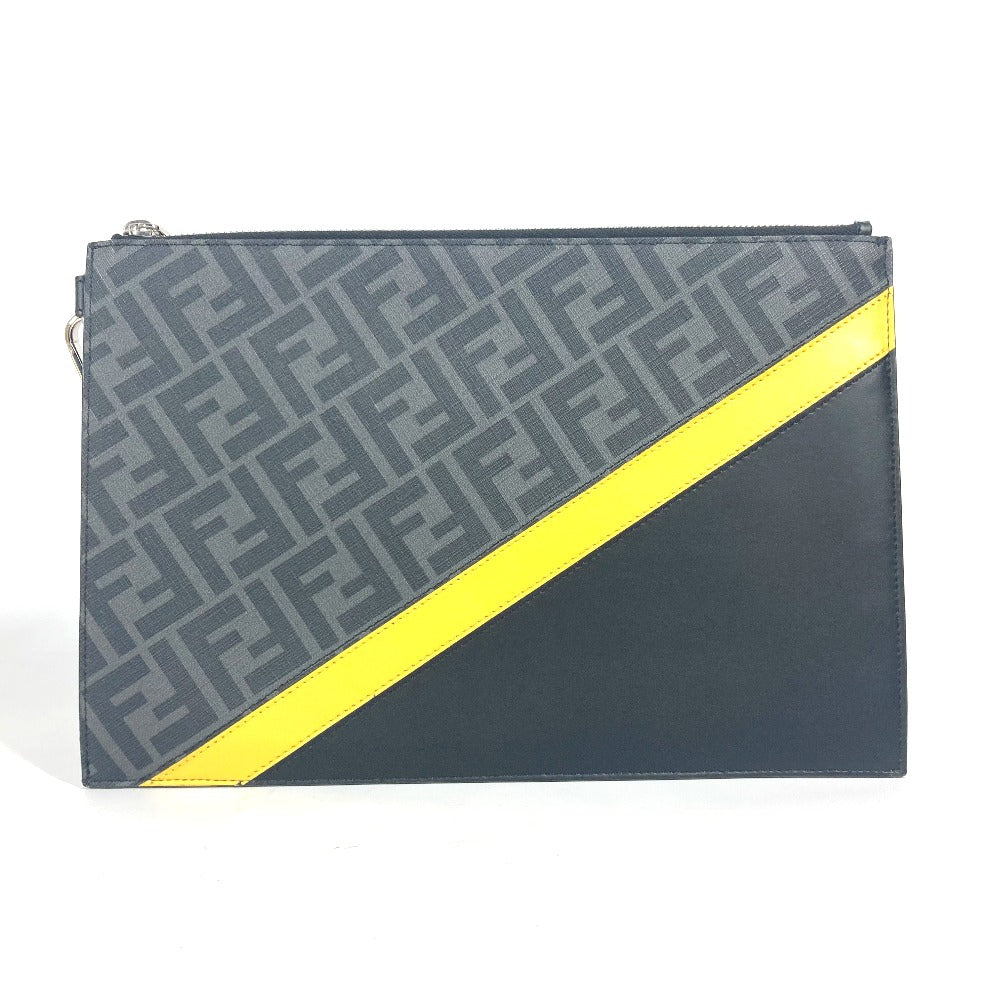 FENDI 7N0110 フラット スリム ダイアゴナル ズッカ セカンドバッグ カバン ポーチ クラッチバッグ レザー ユニセックス ブラック×イエロー×グレー