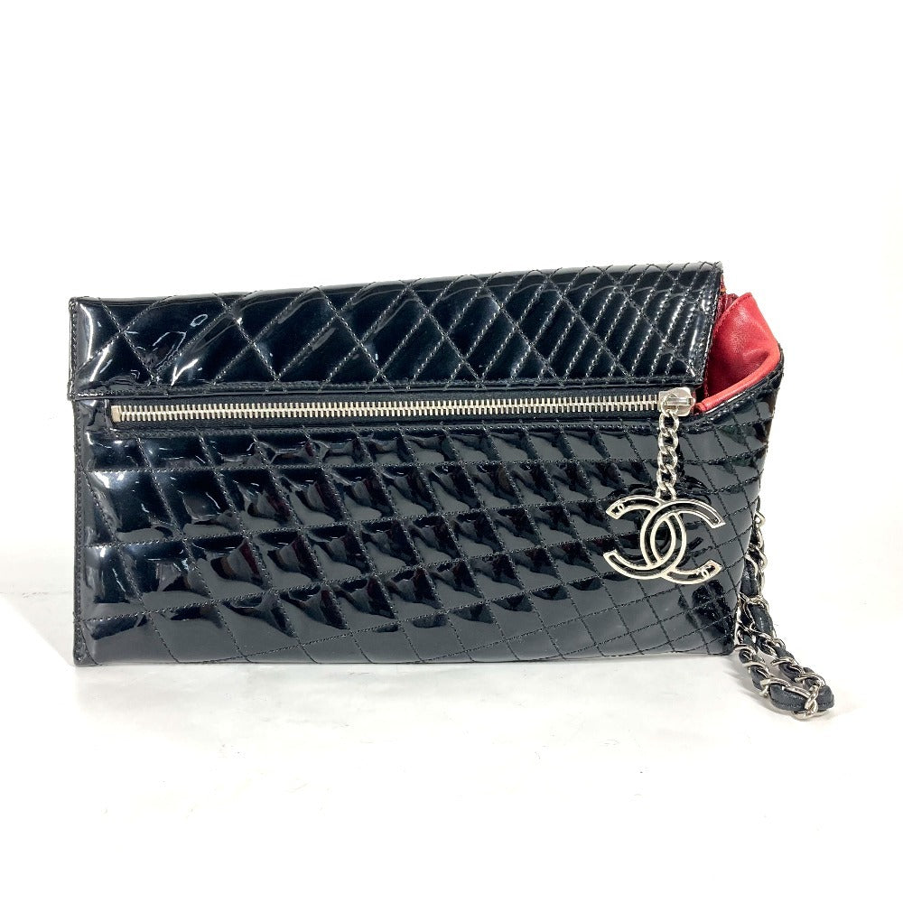 CHANEL チェーンストラップ付 CC ココマーク ロゴ キルティング カバン ポーチ クラッチバッグ パテントレザー レディース ブラック