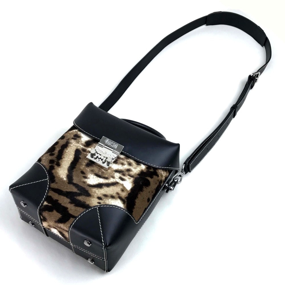 MCM MWR8ABF30EG001 Logo Lock Hardware Leopard Print 2-Way Shoulder Bag in Pony/Leather, Women's, Beige/Black