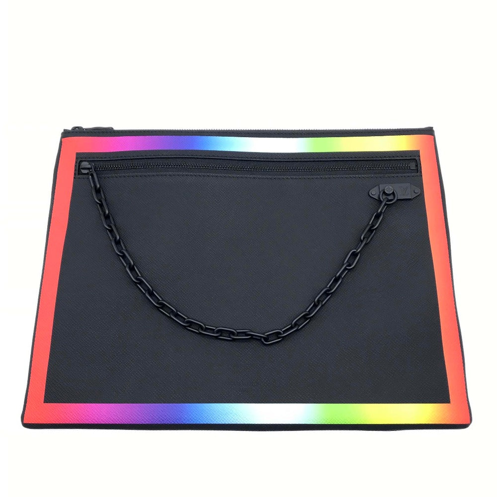 LOUIS VUITTON M30347 Taiga Pochette A4 Chain Clutch Bag in Taiga Leather, Men's, Noir x Rainbow