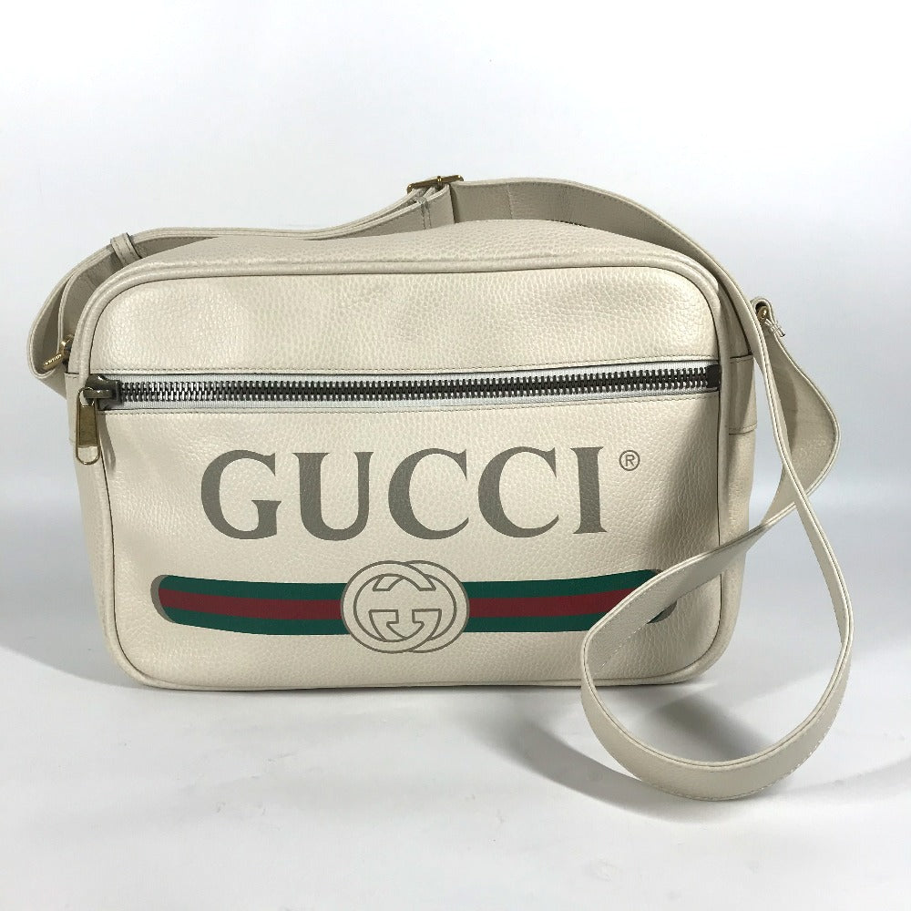 GUCCI 523589 ロゴプリント カバン メッセンジャーバッグ ショルダーバッグ レザー レディース ホワイト