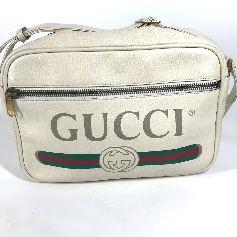 GUCCI 523589 ロゴプリント カバン メッセンジャーバッグ ショルダーバッグ レザー レディース ホワイト