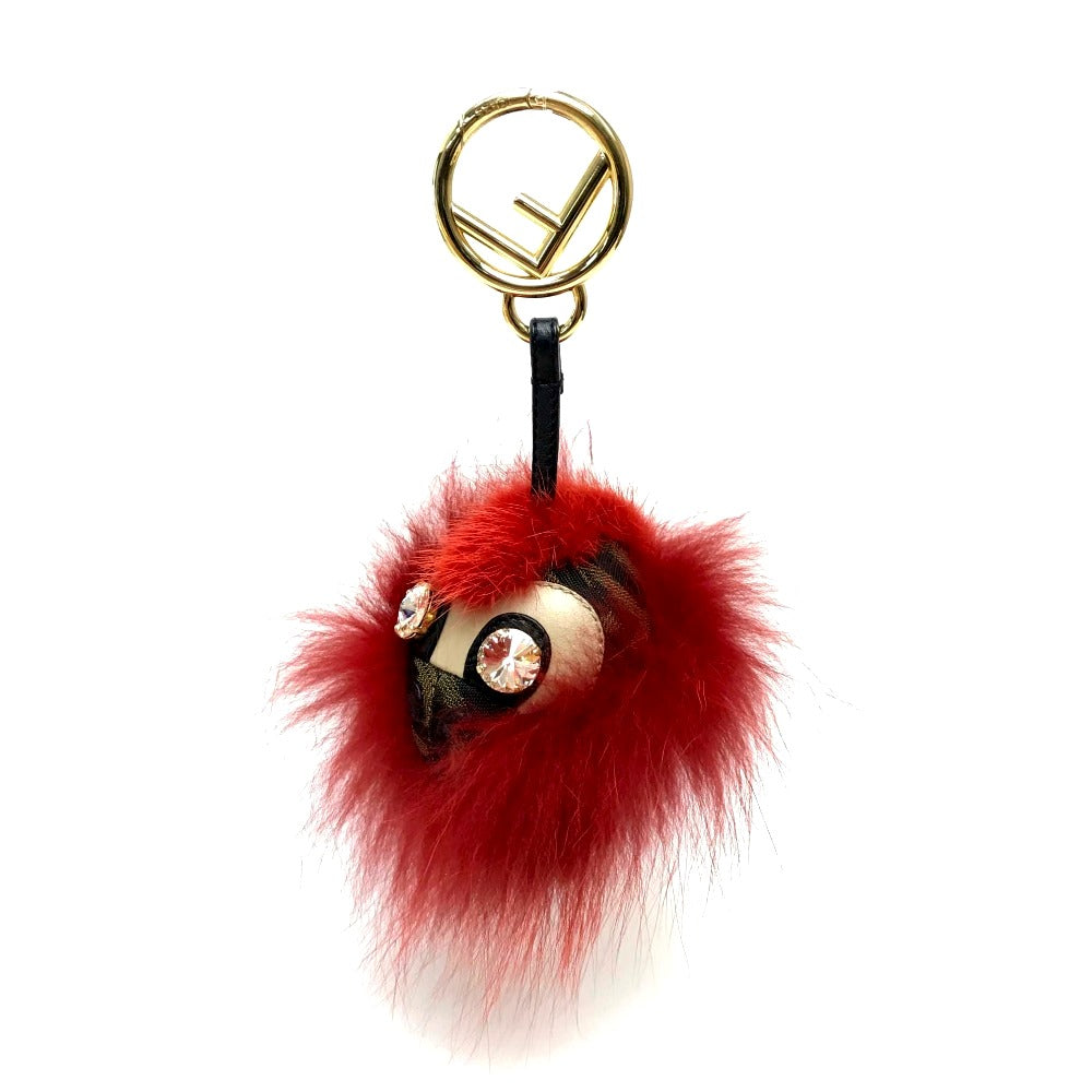 FENDI リアルファー モンスター FF柄 ビジュー付き キーリング ファー ユニセックス レッド レッド×ブラウン