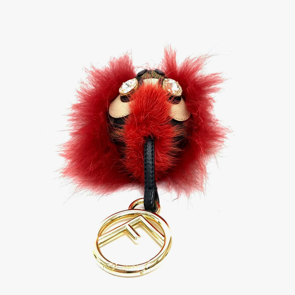 FENDI リアルファー モンスター FF柄 ビジュー付き キーリング ファー ユニセックス レッド レッド×ブラウン
