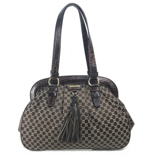 CELINE ロゴ マカダム がま口 カバン トートバッグ タッセル ショルダーバッグ レザー/キャンバス レディース ブラウン×ゴールド金具