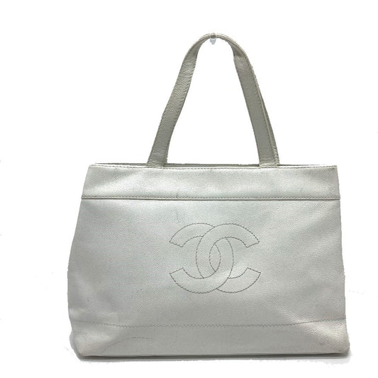CHANEL CC ココマーク 手提げ カバン ハンドバッグ 肩掛け トートバッグ ショルダーバッグ キャビアスキン レディース ホワイト