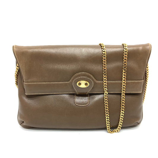 CELINE ロゴ金具 ヴィンテージ カバン チェーン クラッチ ショルダーバッグ レザー レディース ブラウン